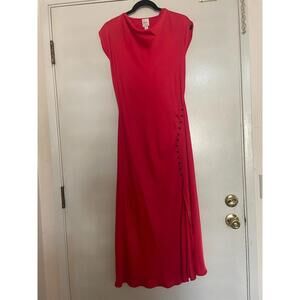 Maeve Red Short-Sleeve Cowl-Neck Slip Midi Dress with Side Button Detail NWT Med